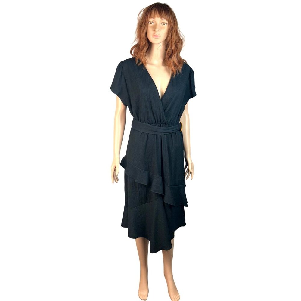Sofia Jeans Sofia Vergara Black Ruffled Faux Wrap Belted Midi Dress Women's M